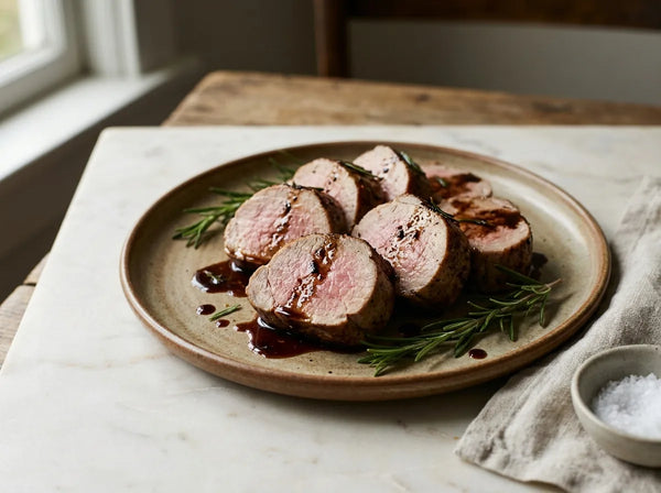 Sliced balsamic-glazed pork tenderloin with rosemary and pan juices