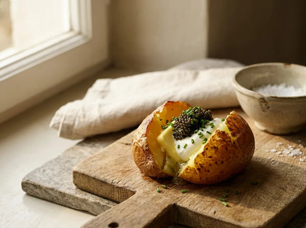 Baked potato with butter, sour cream and caviar