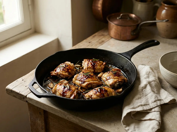 Balsamic glazed chicken thighs with rosemary in a pan