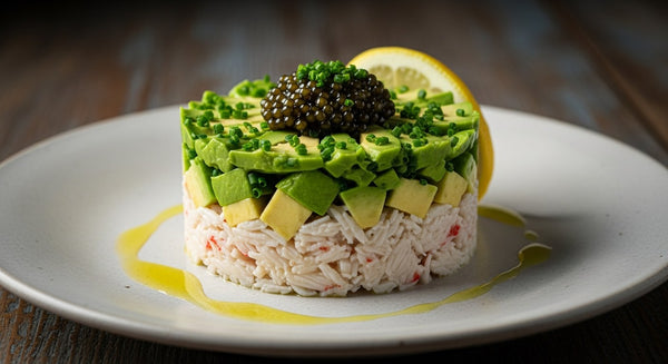 Layered crab and avocado tartare topped with a small spoonful of black caviar and chives