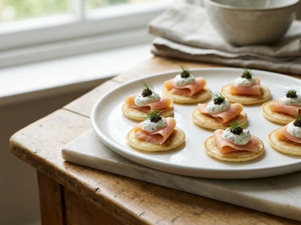 Blinis with smoked salmon, herbed creme fraiche and caviar