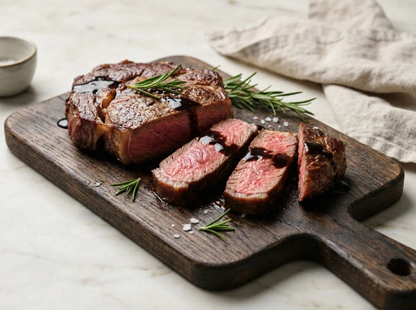 Sliced medium-rare steak with a balsamic glaze and rosemary