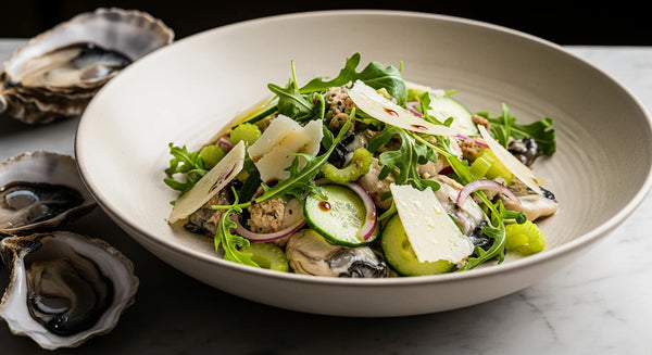 A platter of dressed oyster salad with Parmigiano shavings, rocket, cucumber and celery, drizzled with traditional balsamic and Nikkitas olive oil.