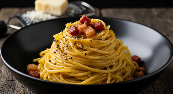 A bowl of spaghetti alla carbonara with crispy guanciale, golden egg-yolk sauce and cracked black pepper.