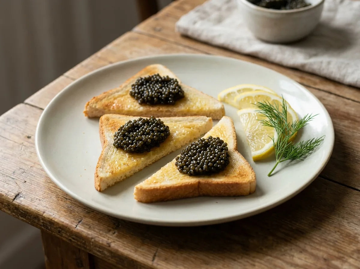 Buttered toast points topped with caviar and lemon
