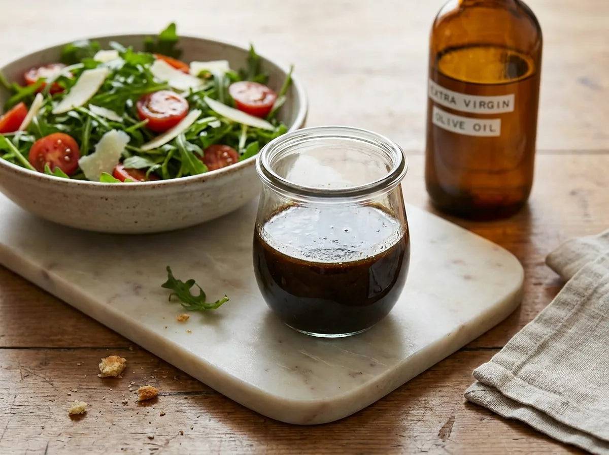 Homemade balsamic vinaigrette in a glass jar beside a rocket and tomato salad