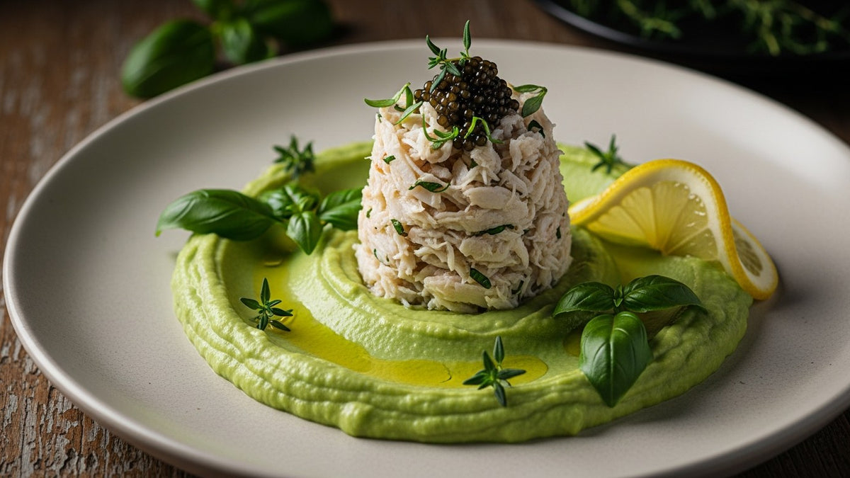 Bright green avocado purée topped with marinated crab and a sprinkle of caviar