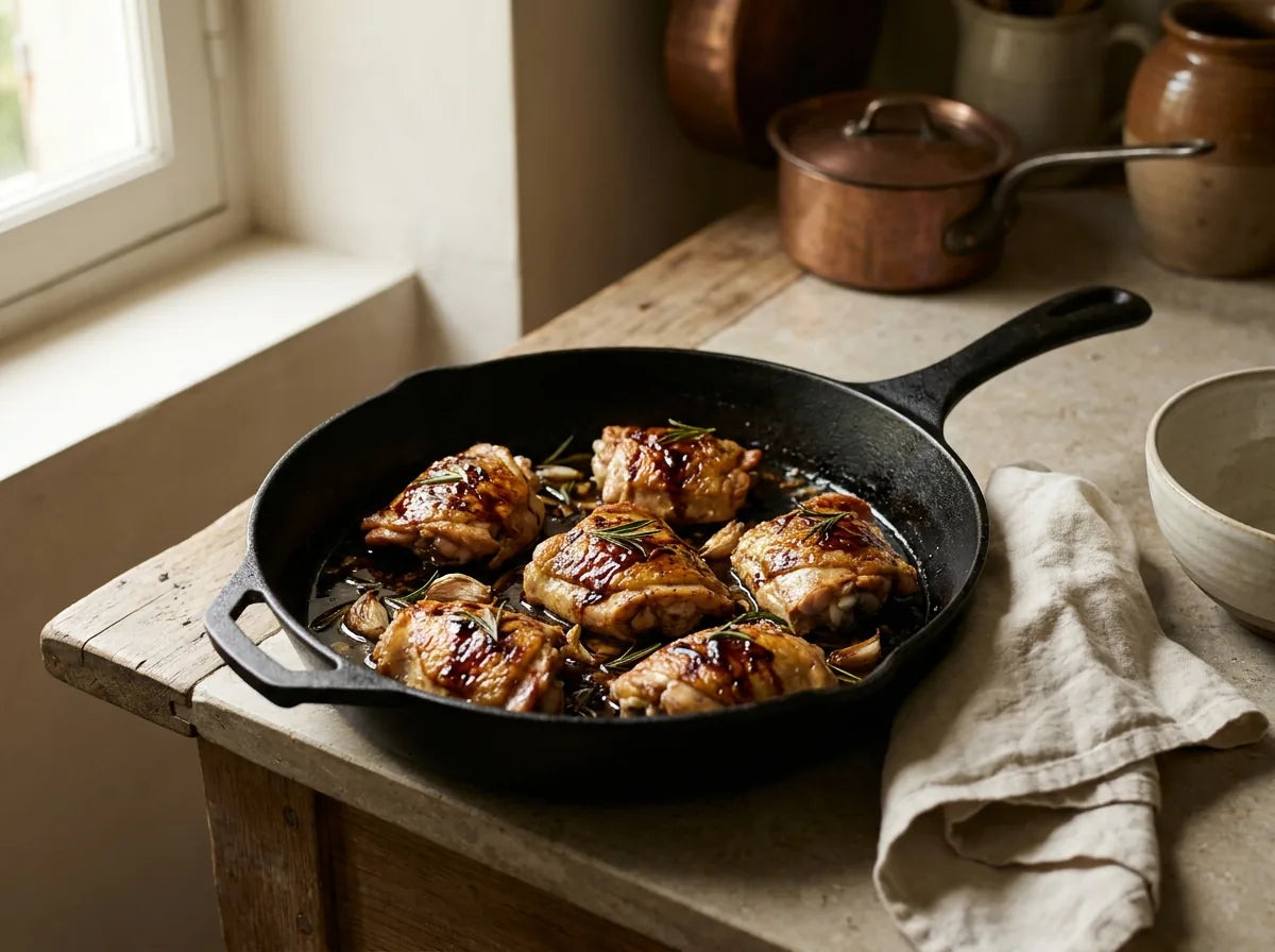 Balsamic glazed chicken thighs with rosemary in a pan