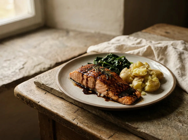 Roasted salmon fillet with aged balsamic glaze and rosemary