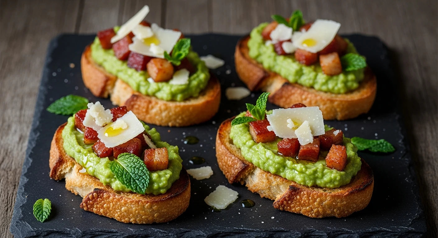 Toasted crostini topped with green broad bean and mint puree, crispy guanciale and shaved Parmigiano Reggiano.