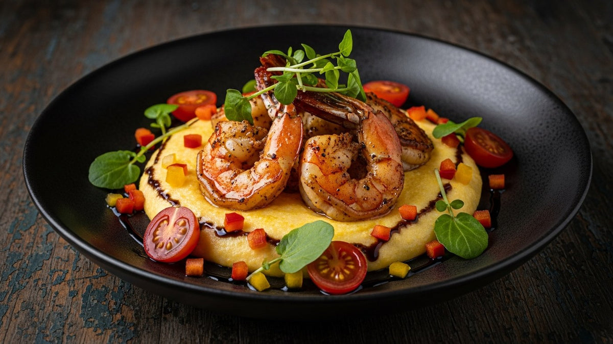 Bowl of creamy Parmigiano polenta crowned with blackened shrimp and a thread of balsamic