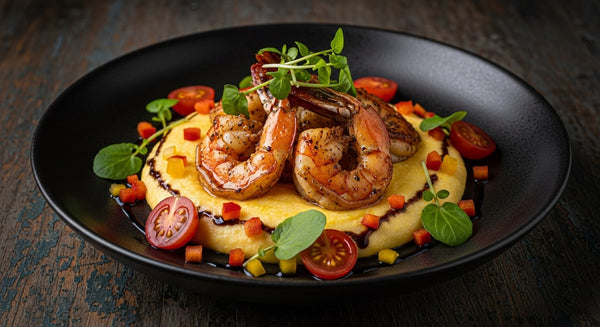 Bowl of creamy Parmigiano polenta crowned with blackened shrimp and a thread of balsamic