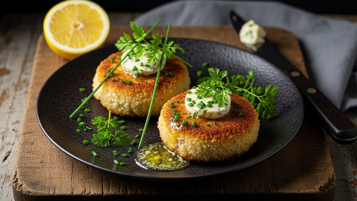 Golden breaded crab portions with melting lemon herb butter on a dark plate