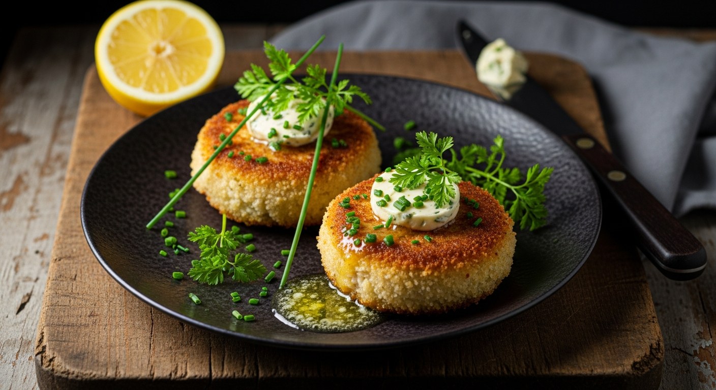Golden breaded crab portions with melting lemon herb butter on a dark plate
