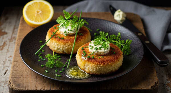 Golden breaded crab portions with melting lemon herb butter on a dark plate