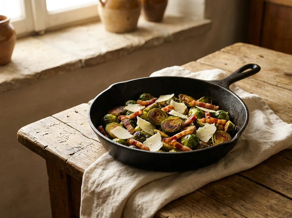 Cast-iron skillet of pan-charred Brussels sprouts with crispy guanciale and shaved Parmigiano