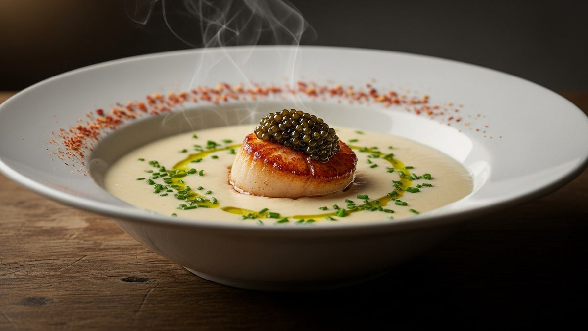 Silky cauliflower velouté, a single seared scallop, topped with black caviar and a dust of shichimi