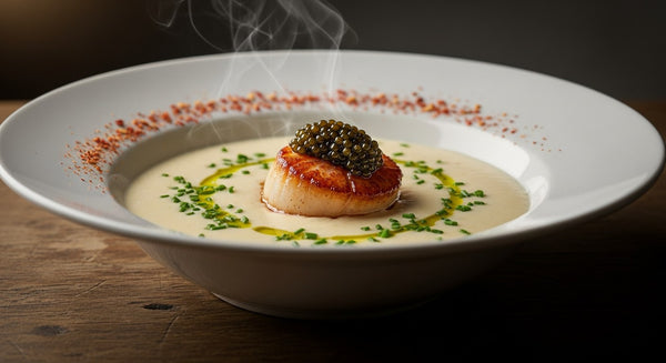 Silky cauliflower velouté, a single seared scallop, topped with black caviar and a dust of shichimi