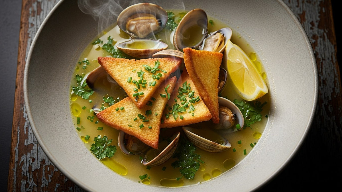 Lemony clam broth with golden olive-oil-fried bread triangles