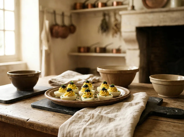 Deviled eggs topped with caviar and chives