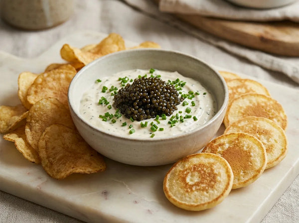 Creamy caviar dip topped with caviar and chives, with crisps and blinis