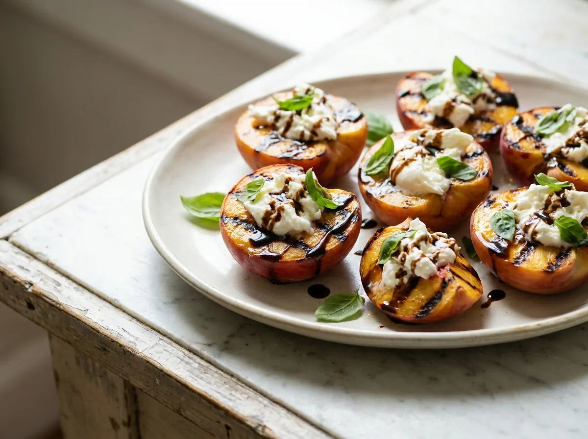 Grilled peach halves with burrata, basil and aged balsamic on a plate