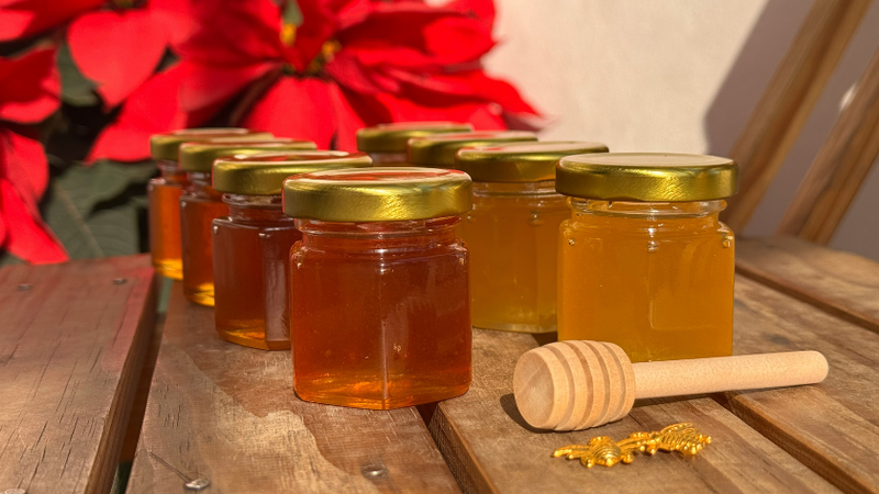 Jars of golden honey lined up on a rustic wooden surface with a wooden honey dipper