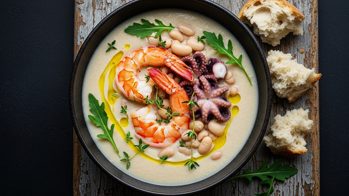 Creamy white-bean soup with peeled langoustine tails and tender baby octopus