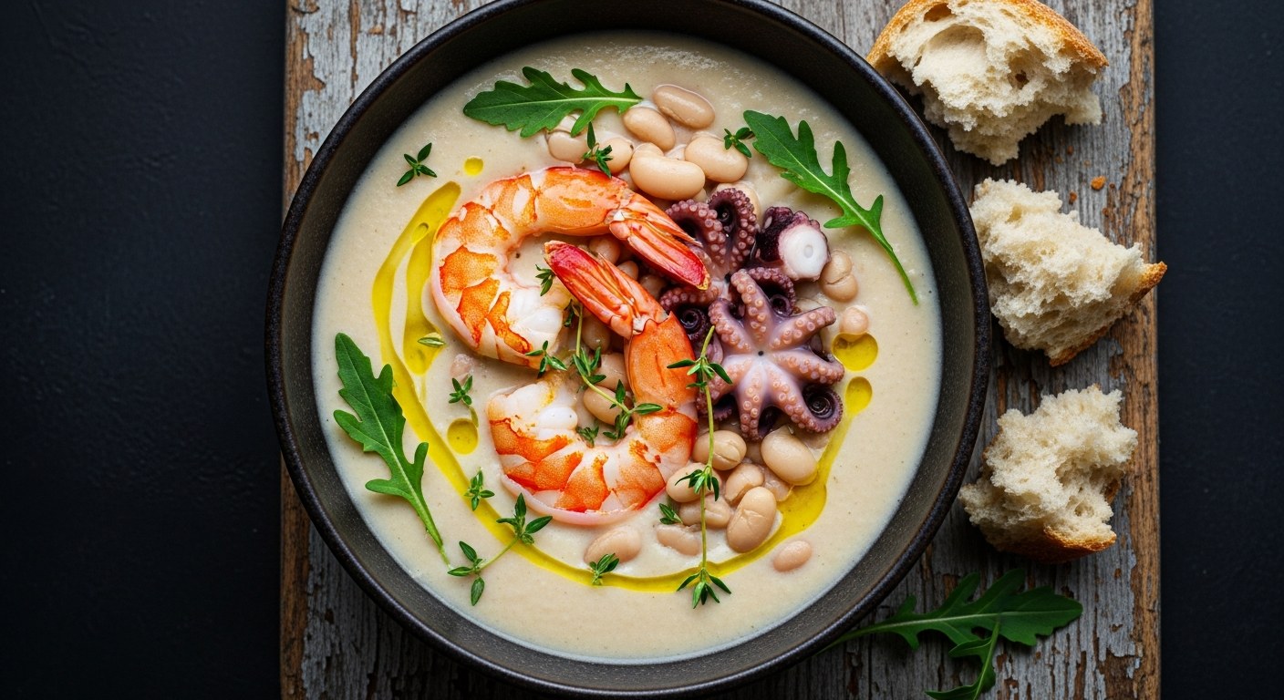 Creamy white-bean soup with peeled langoustine tails and tender baby octopus