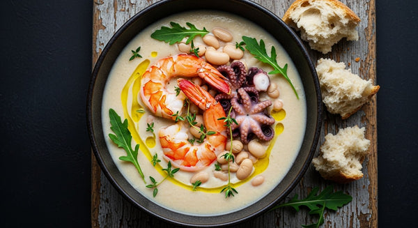 Creamy white-bean soup with peeled langoustine tails and tender baby octopus