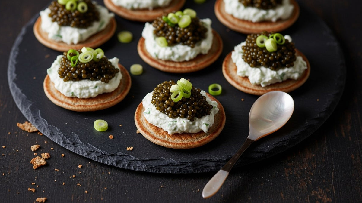 Buckwheat blinis topped with herb cream cheese, black caviar, and spring onion