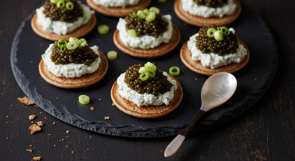 Buckwheat blinis topped with herb cream cheese, black caviar, and spring onion