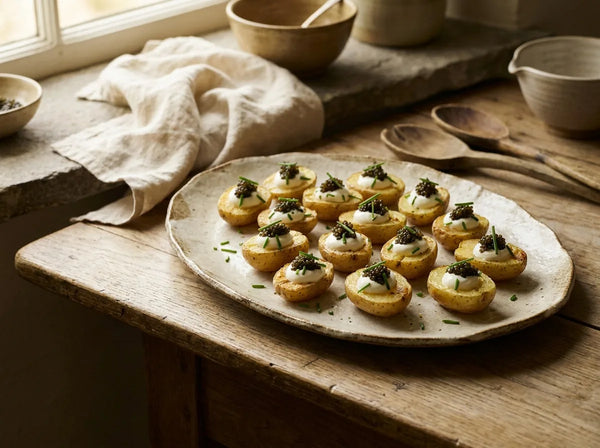 New potato canapes with creme fraiche and caviar