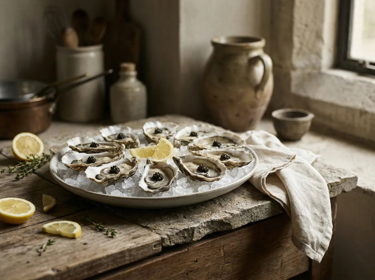 Fresh oysters on ice topped with caviar and lemon
