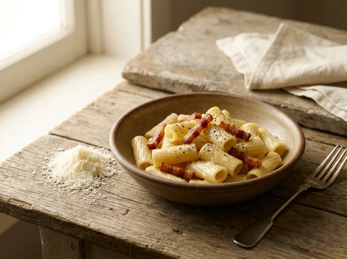Bowl of pasta alla gricia: rigatoni in pecorino cream with crispy guanciale and black pepper
