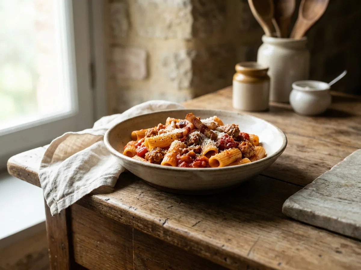 Bowl of pasta alla zozzona: rigatoni with sausage, tomato, crispy guanciale and Pecorino