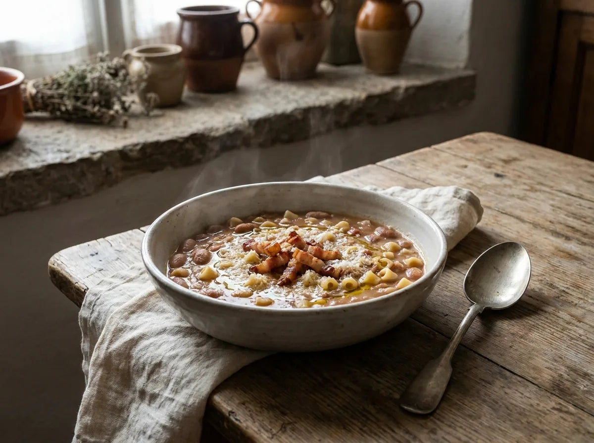 Bowl of pasta e fagioli with borlotti beans, ditalini, crispy guanciale and Parmigiano