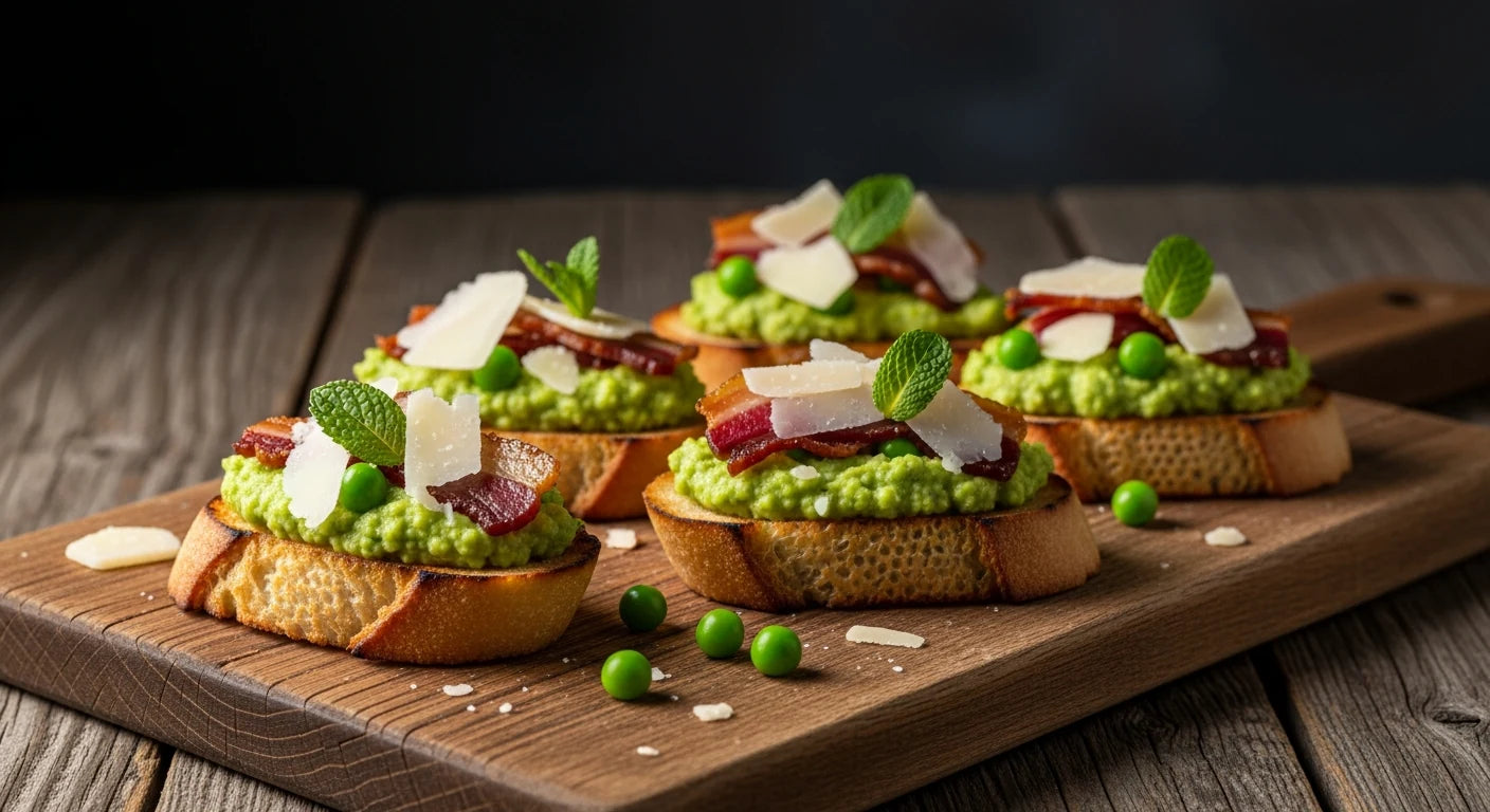 Toasted crostini topped with green pea and mint puree, crispy guanciale and shaved Parmigiano Reggiano.