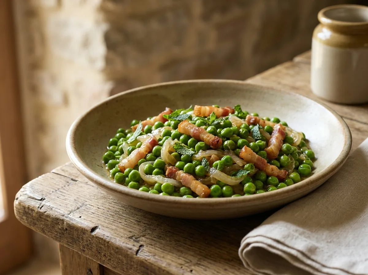 Piselli al guanciale: braised green peas with soft onion, crispy guanciale and mint