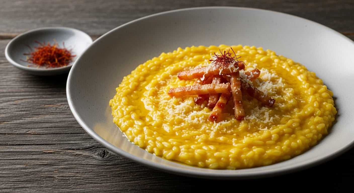 A plate of creamy golden saffron risotto topped with crispy guanciale matchsticks and Parmigiano.