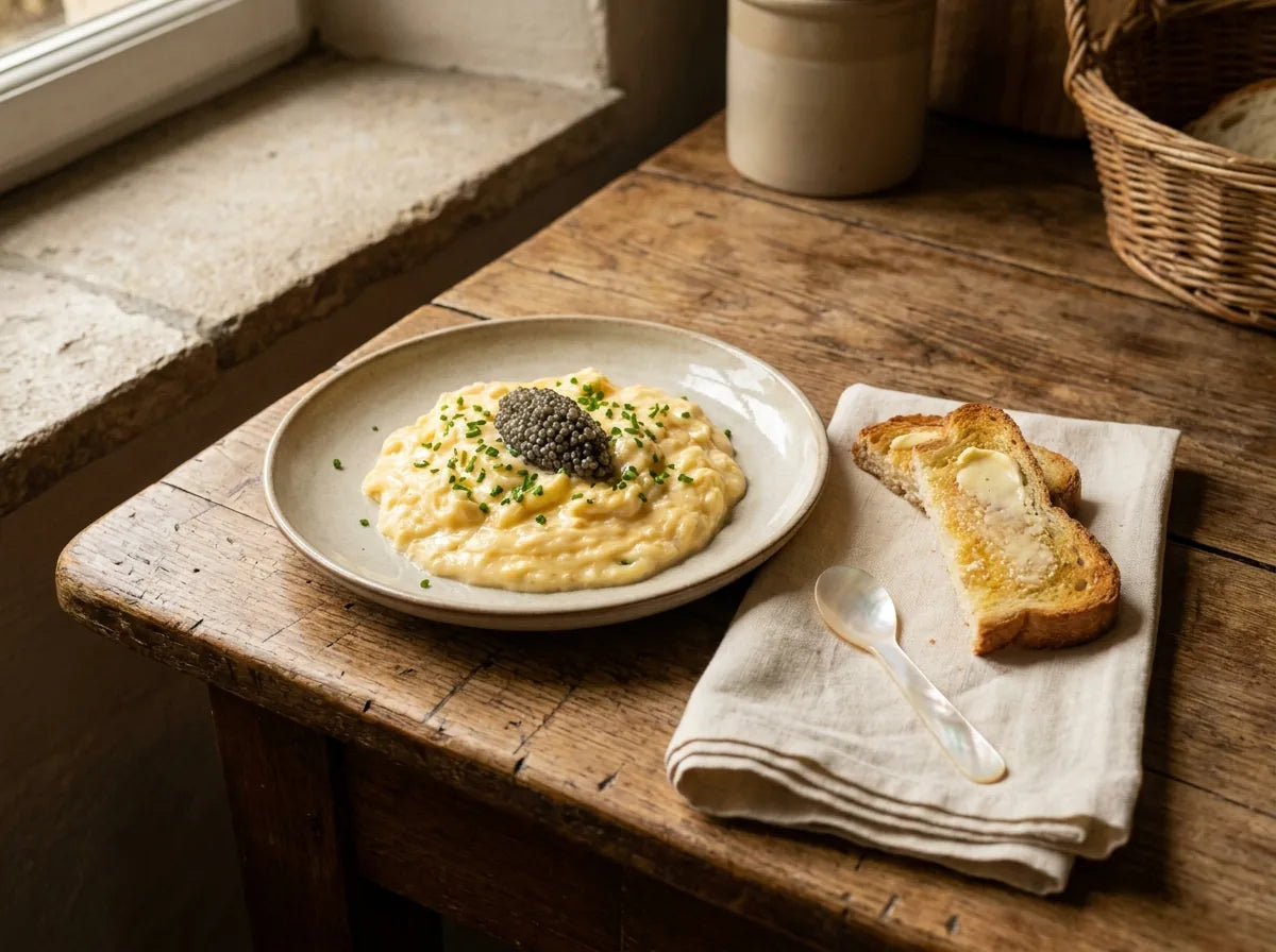 Soft scrambled eggs topped with caviar and chives