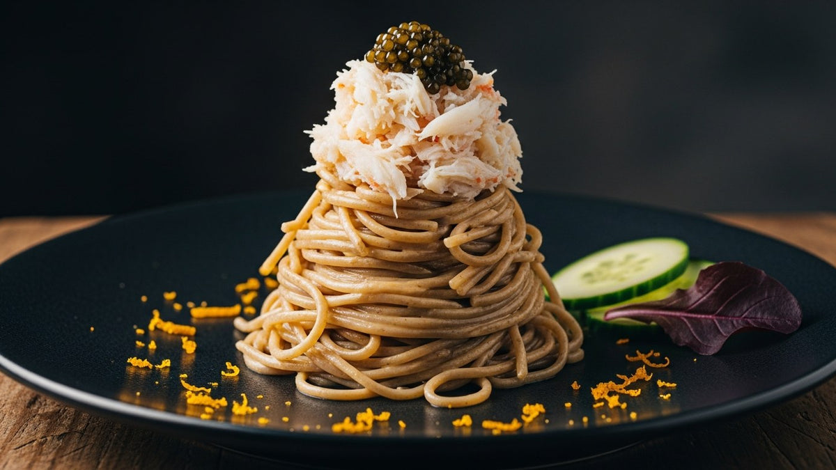 Twirled soba noodles dressed in sesame, topped with white crab and a spoon of black caviar