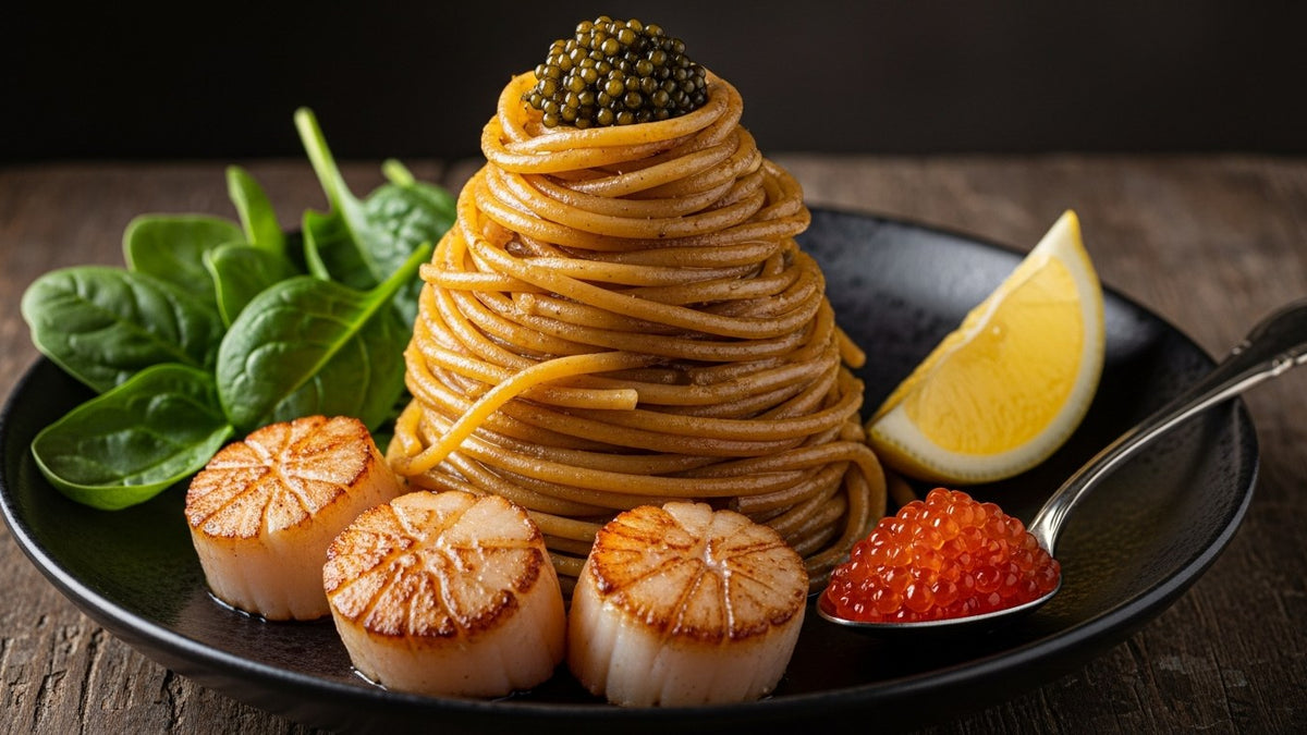 Bronze-die spaghetti with seared scallops, black caviar, and salmon roe