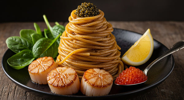 Bronze-die spaghetti with seared scallops, black caviar, and salmon roe