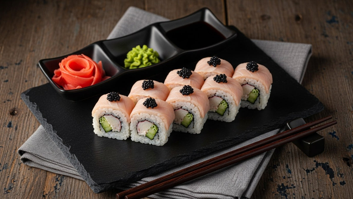 Maki rolls with crab and cucumber crowned with yellowtail and black caviar on a slate plate