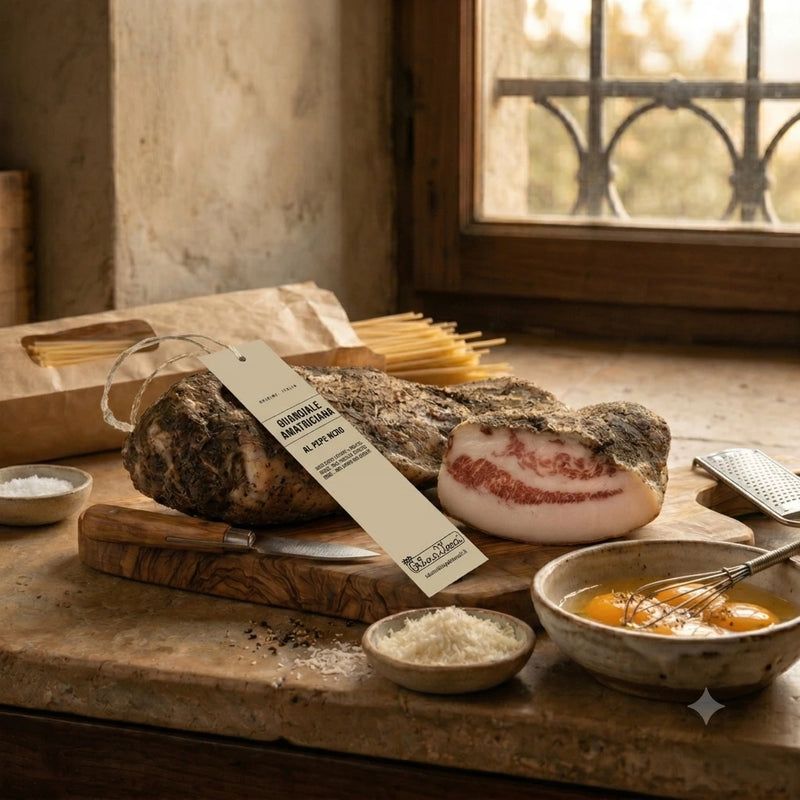 Pedrazzoli Organic Guanciale BIO with certification tag on a kitchen board, carbonara ingredients alongside