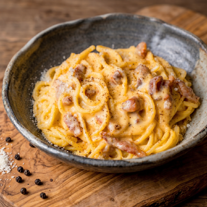 Bowl of spaghetti carbonara made with crispy guanciale
