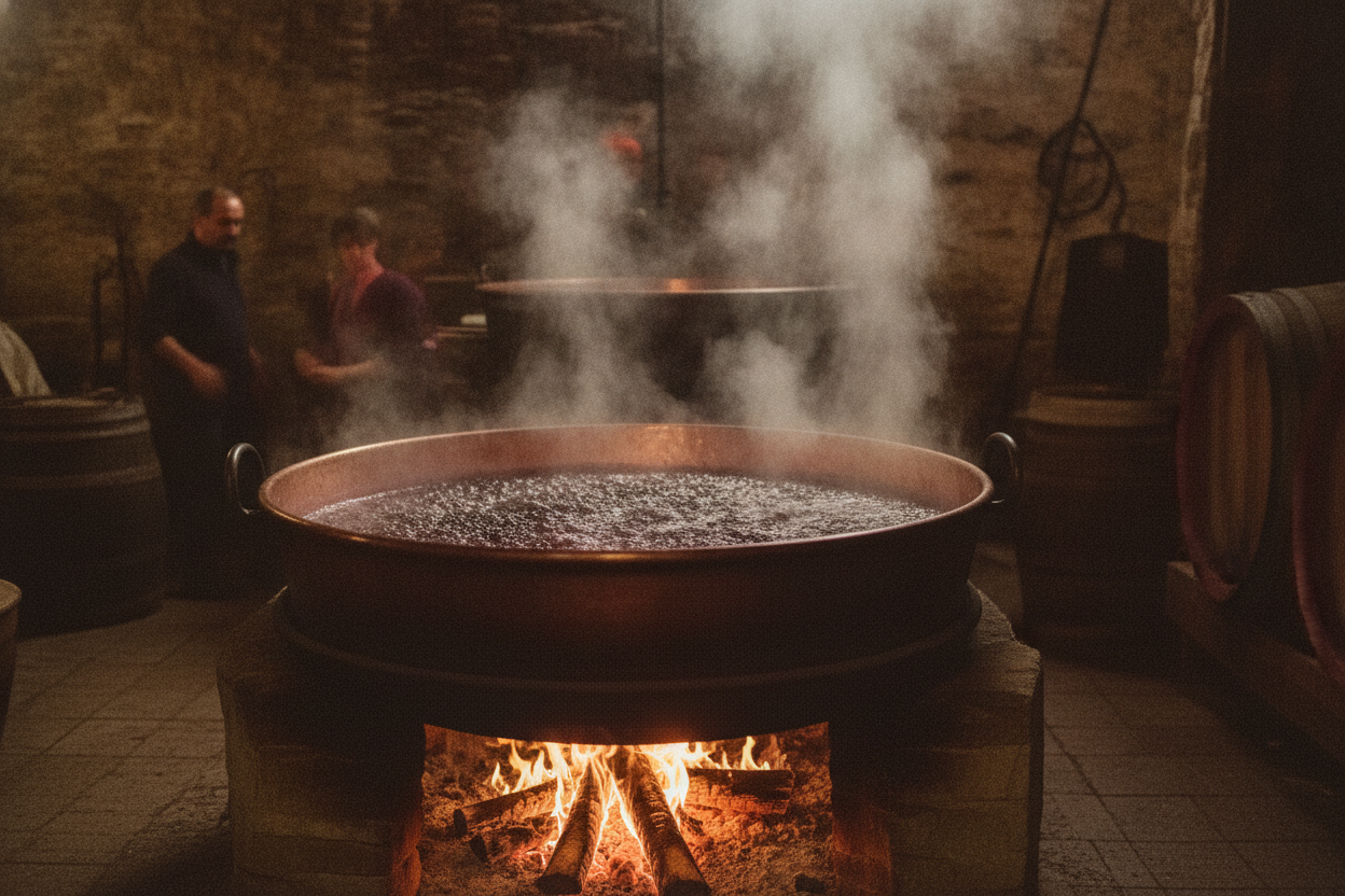 Grape must simmering in an open vat over the fire in the cooking room