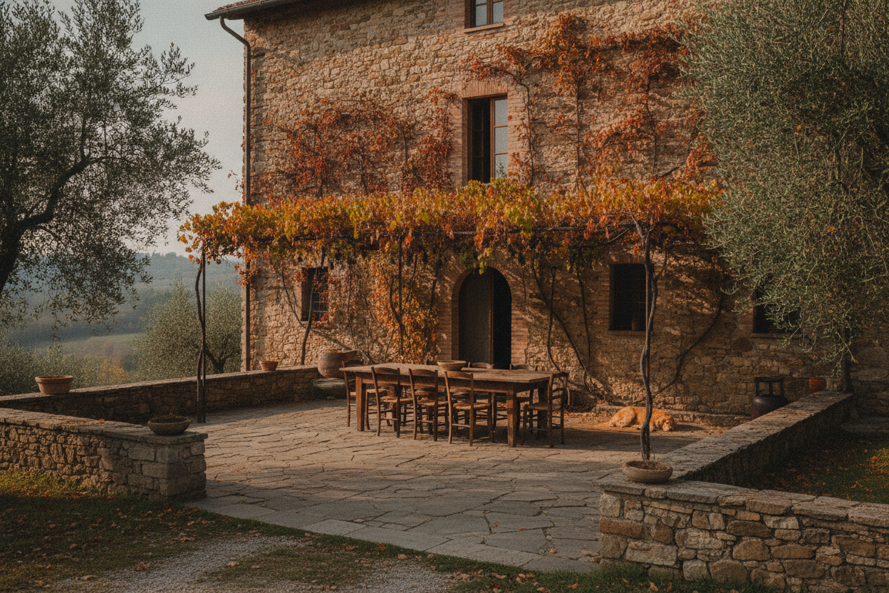 The old river-stone family house and courtyard in Vignola
