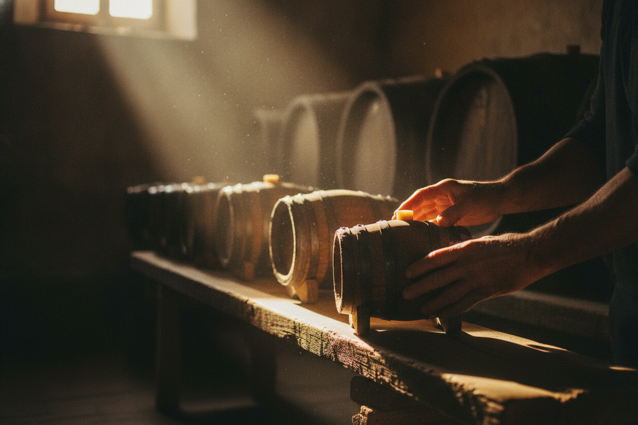 Hands checking an ageing barrel in the golden light of the loft